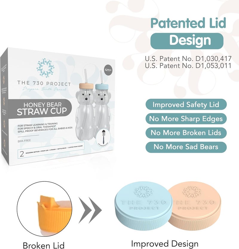 The 730 Project Honey Bear Straw Cup for Babies, 8oz Honey Bear Cup with Travel Lid, 2-Pack Therapy Learning Honeybear Straw Cup - Image 3